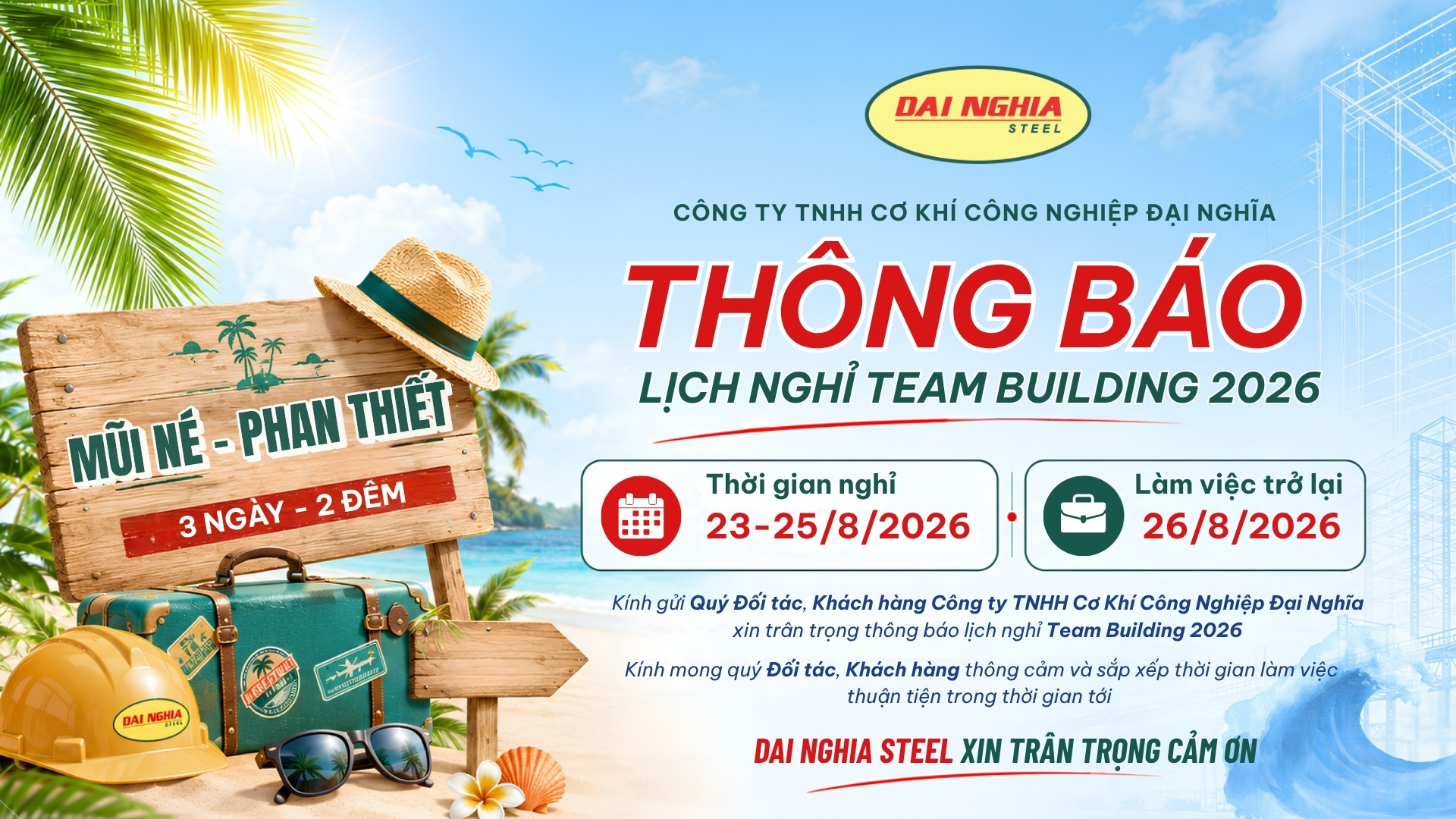 Thông báo lịch nghỉ Team Building 2026 Đại Nghĩa Steel